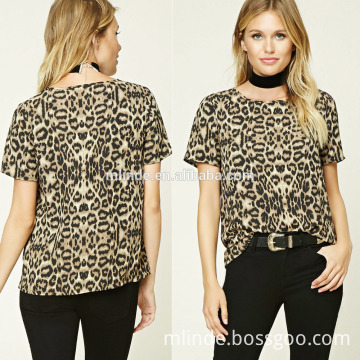 Ladies Women Fashion Printing Short Sleeve Round Neckline Contemporary Leopard Print Tops Wholesale Made in China